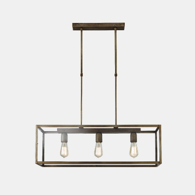 London rectangular 80x20 3 lights suspension lamp in antiqued iron and E27 transparent glass