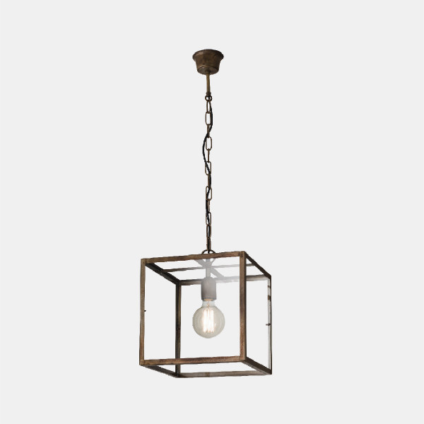 London quadrata 30x30 1 light Suspension lamp in antiqued iron and transparent glass