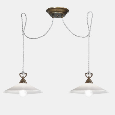 Tabià 212.10 2 lights pendant lamp in glass with antiqued brass frames 77W E27