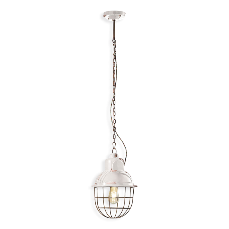 Lampada a Sospensione in ceramica con gabbia Ferroluce Retrò Industrial C1770 / Vellini