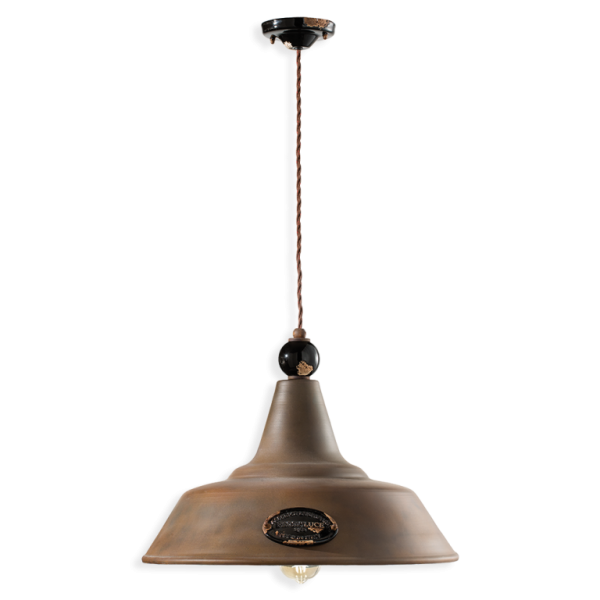Grunge C1601 Suspension lamp in antiqued iron and ceramic by Ferroluce Ferroluce Retrò / Vellini