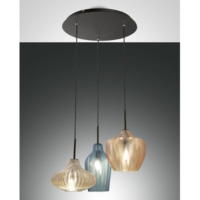 Olbia 3 lights suspension lamp structure in metal and blown glass 40W E27