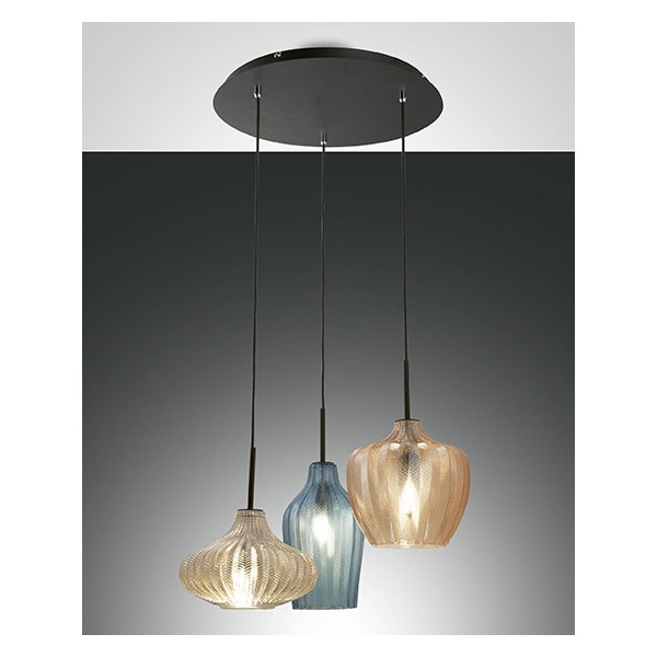 Olbia 3 lights Fabas Luce suspension lamp in metal and blown glass