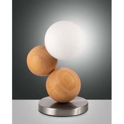 Lampe de table Micky avec structure en métal et bois et diffuseur en verre soufflé 20W G9
